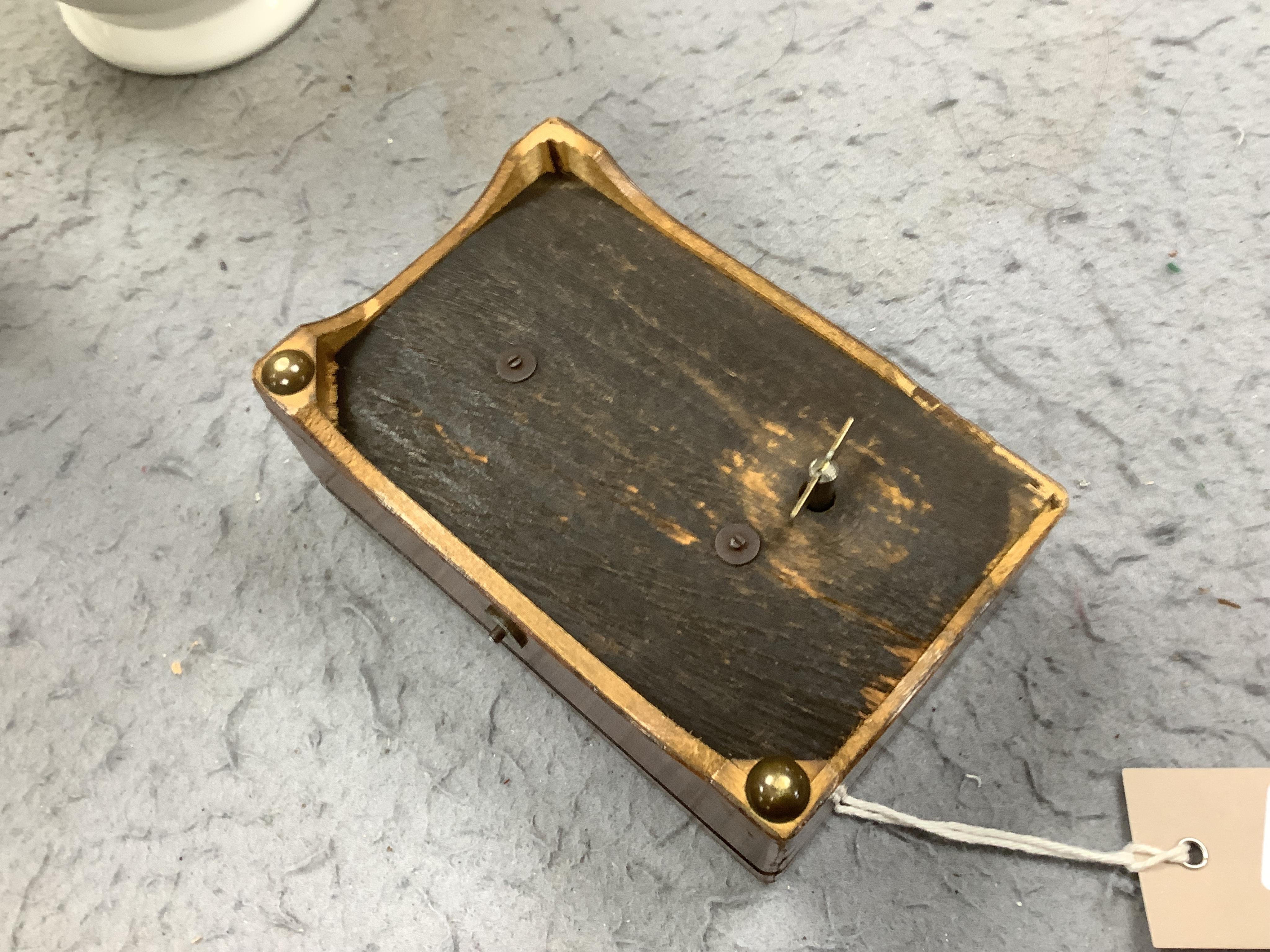 A miniature longcase clock and a miniature yew cylinder musical box, largest 42cm high. Condition - box poor, clock good